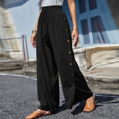 AHLSENTOP Modische Damen-Hose mit elastischem Bund und lockerem, geknöpftem weitem Bein