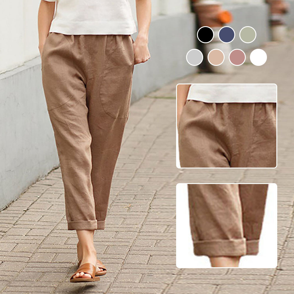 Ahlsentop™ Einfarbige, gerade Hose für Damen aus Baumwolle und Leinen mit Taschen