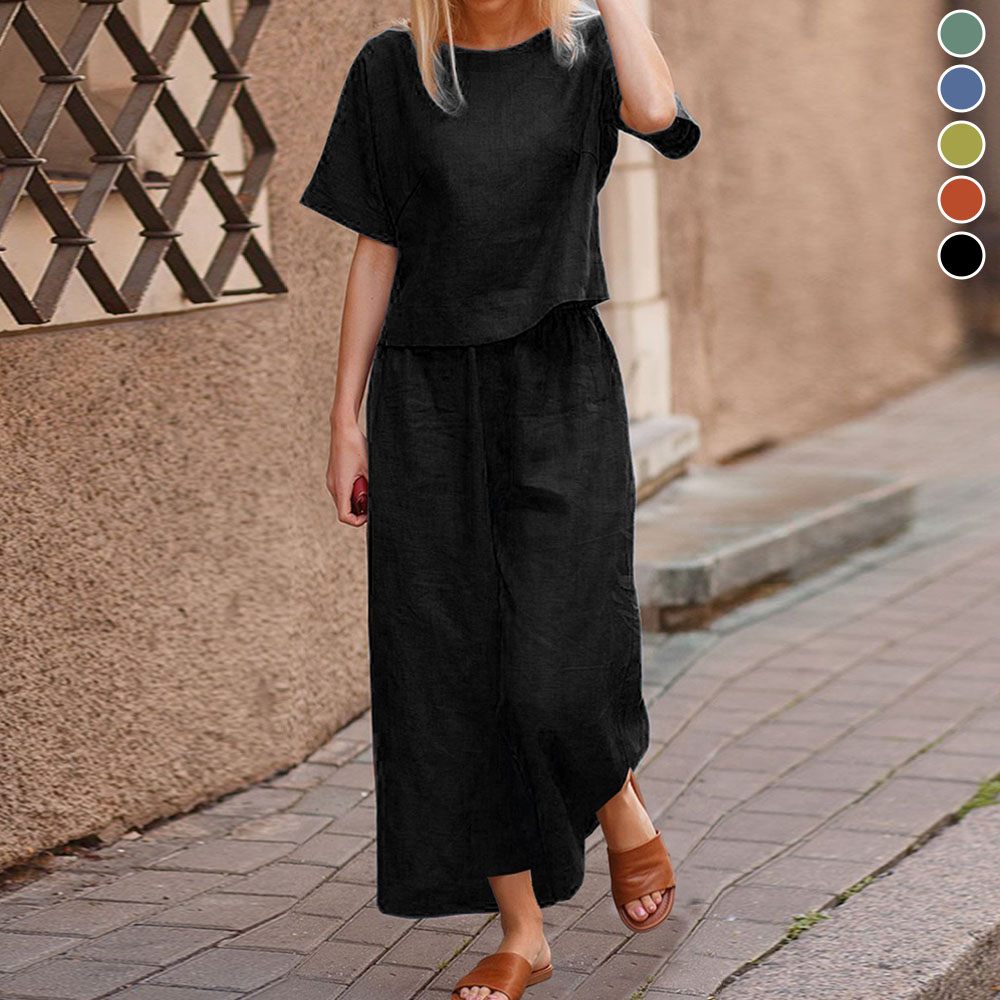 Ahlsentop™ Damen-Leinenanzug mit kurzen Ärmeln und Hose, zweiteiliges Set