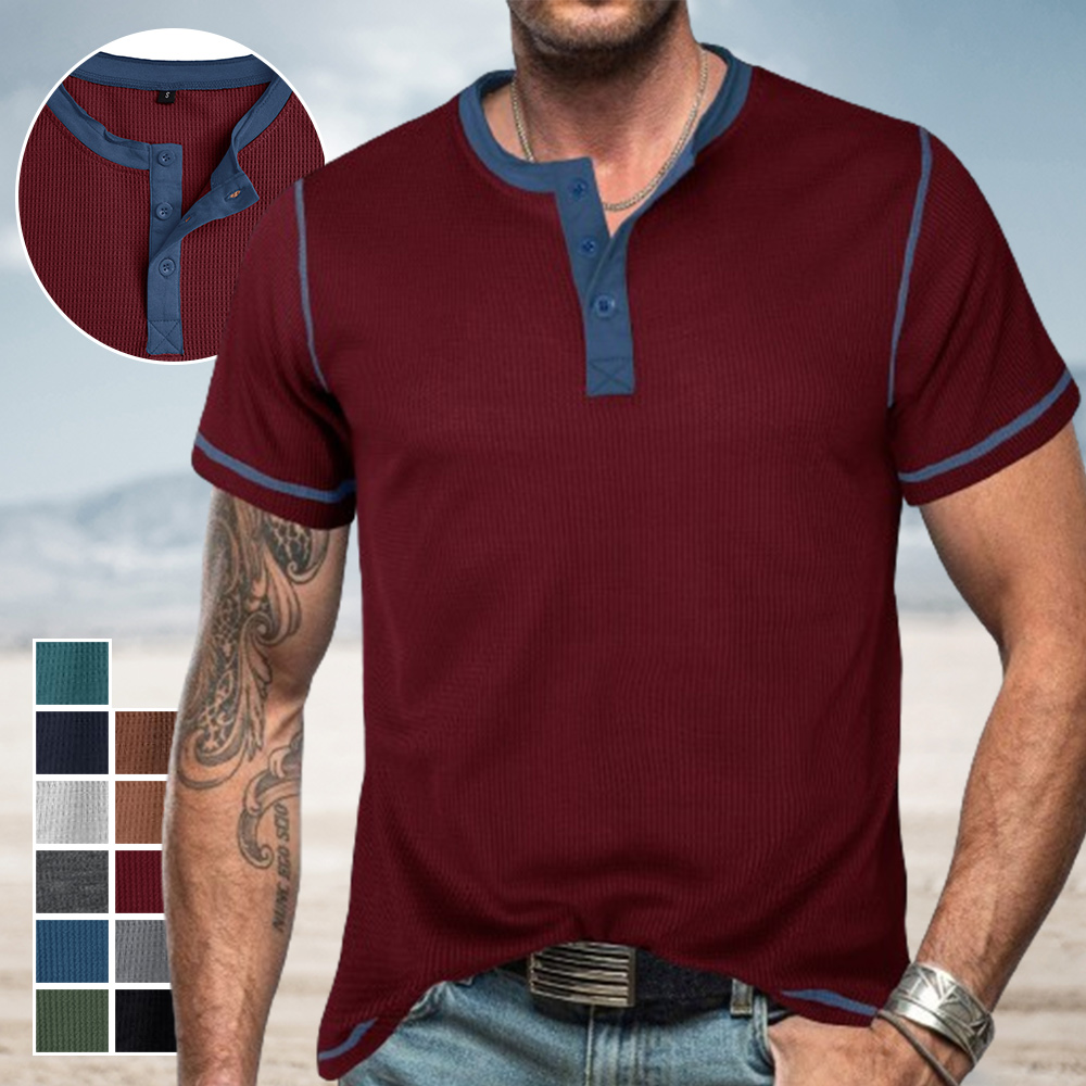Ahlsentop™ Sommer-Männer-Farbblock-Waffel-Retro-Kurzarmshirt