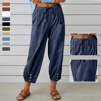 AHLSENTOP™ Geknöpfte Damenhose mit weitem Bein aus Baumwolle und Leinen