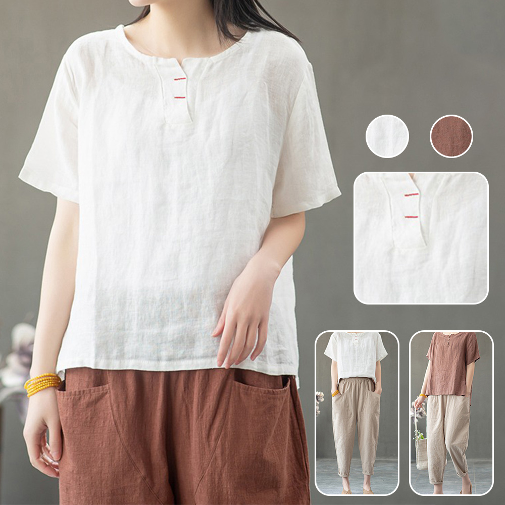AHLSENTOP Neues Sommer-Zweiteiler-Set für Damen aus Baumwolle und Leinen (kurze Ärmel + Hose)