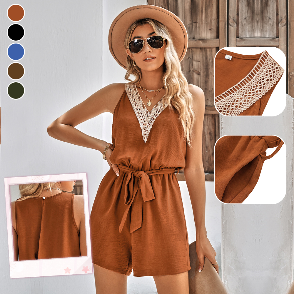 AHLSENTOP™ Lässiger, ärmelloser Damen-Overall mit V-Ausschnitt und Spitze im neuen Stil