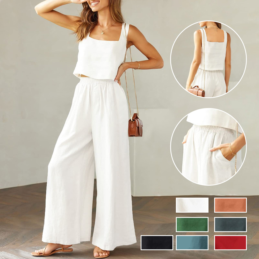 AHLSENTOP Damen-Hose aus reiner Baumwolle, ärmellos, Hosenträger, weites Bein, Sommer-Freizeitanzug