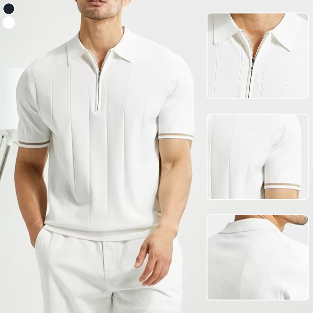 AHLSENTOP™ Kurzärmliges Herren-Poloshirt mit vertikal gestreiftem Revers und Reißverschluss