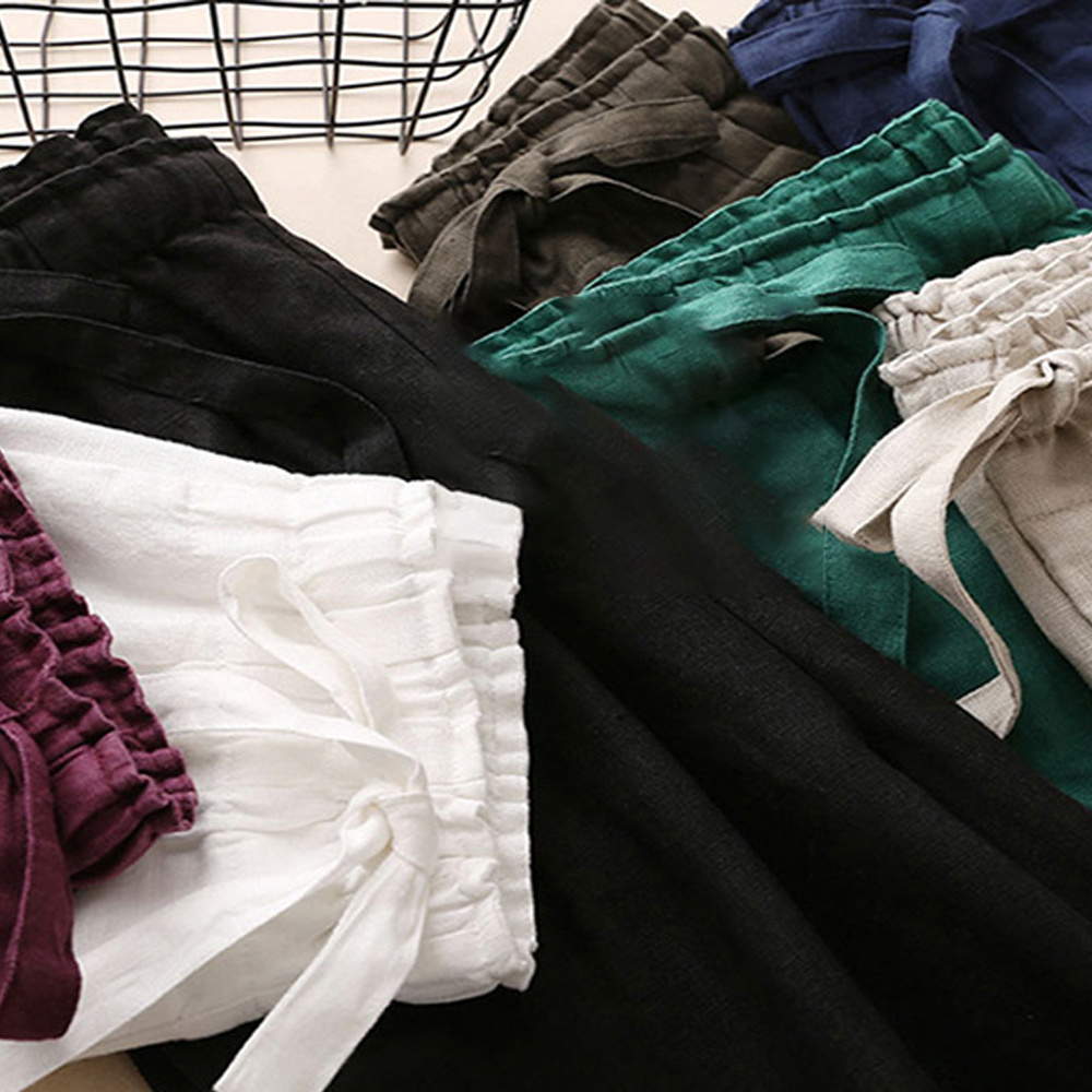 AHLSENTOP Neue hoch taillierte Damenhose mit weitem Bein aus Baumwolle und Leinen mit seitlichem Bindeband