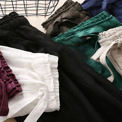 AHLSENTOP Neue hoch taillierte Damenhose mit weitem Bein aus Baumwolle und Leinen mit seitlichem Bindeband