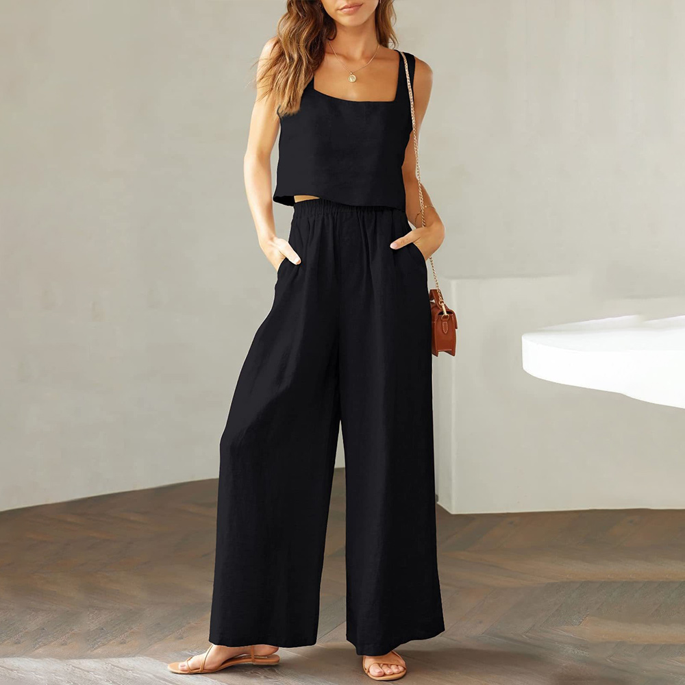 AHLSENTOP Damen-Hose aus reiner Baumwolle, ärmellos, Hosenträger, weites Bein, Sommer-Freizeitanzug