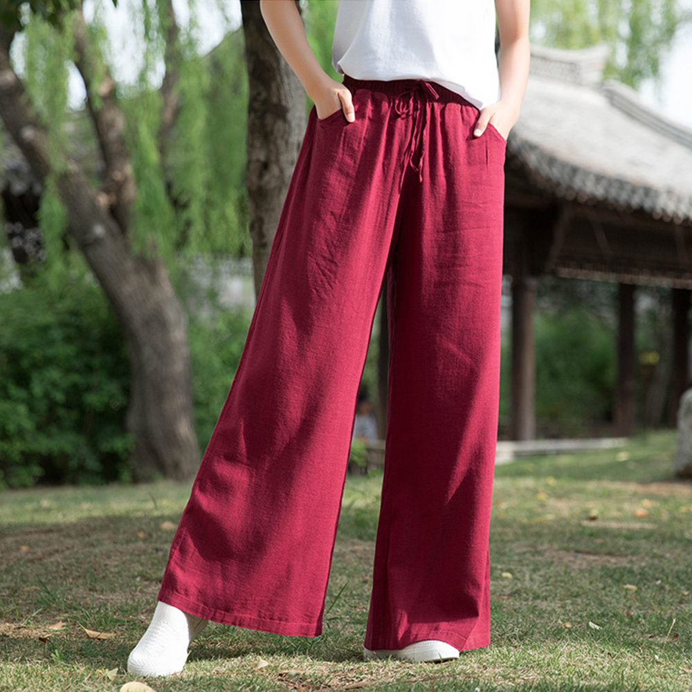 Ahlsentop™ Atmungsaktive Damenhose mit weitem Bein aus Baumwolle und Leinen für Frühling und Sommer mit Kordelzug
