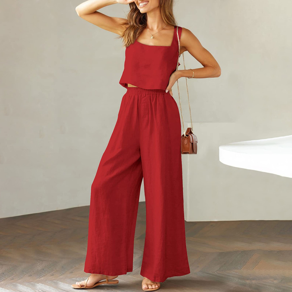 AHLSENTOP Damen-Hose aus reiner Baumwolle, ärmellos, Hosenträger, weites Bein, Sommer-Freizeitanzug