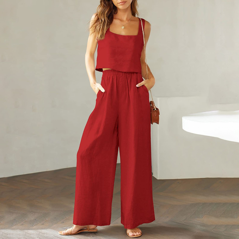 AHLSENTOP Damen-Hose aus reiner Baumwolle, ärmellos, Hosenträger, weites Bein, Sommer-Freizeitanzug
