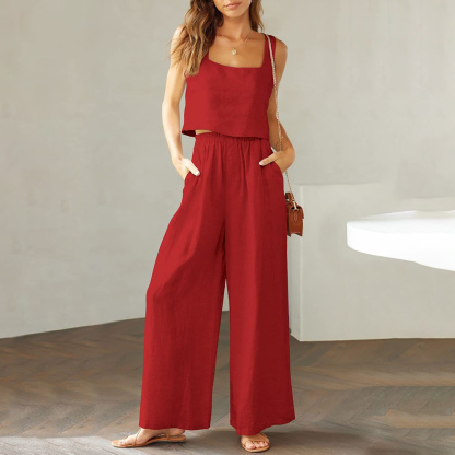 AHLSENTOP Damen-Hose aus reiner Baumwolle, ärmellos, Hosenträger, weites Bein, Sommer-Freizeitanzug