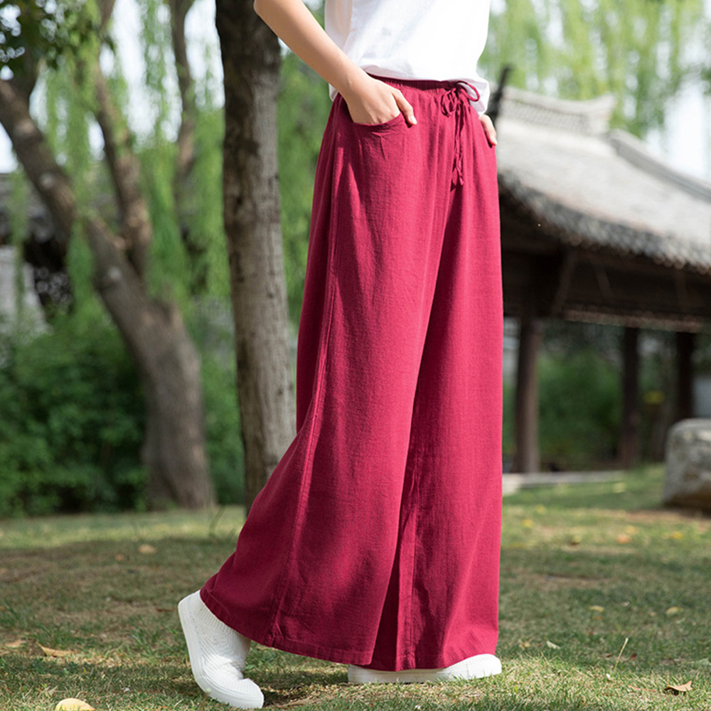 Ahlsentop™ Atmungsaktive Damenhose mit weitem Bein aus Baumwolle und Leinen für Frühling und Sommer mit Kordelzug