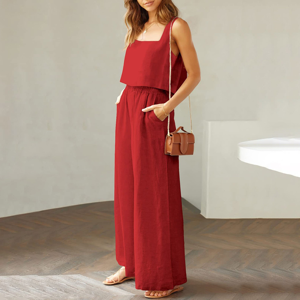 AHLSENTOP Damen-Hose aus reiner Baumwolle, ärmellos, Hosenträger, weites Bein, Sommer-Freizeitanzug