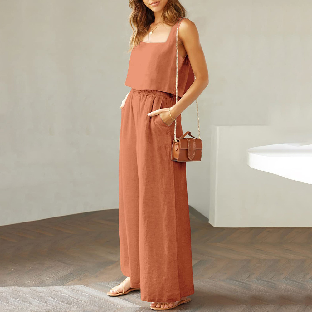 AHLSENTOP Damen-Hose aus reiner Baumwolle, ärmellos, Hosenträger, weites Bein, Sommer-Freizeitanzug