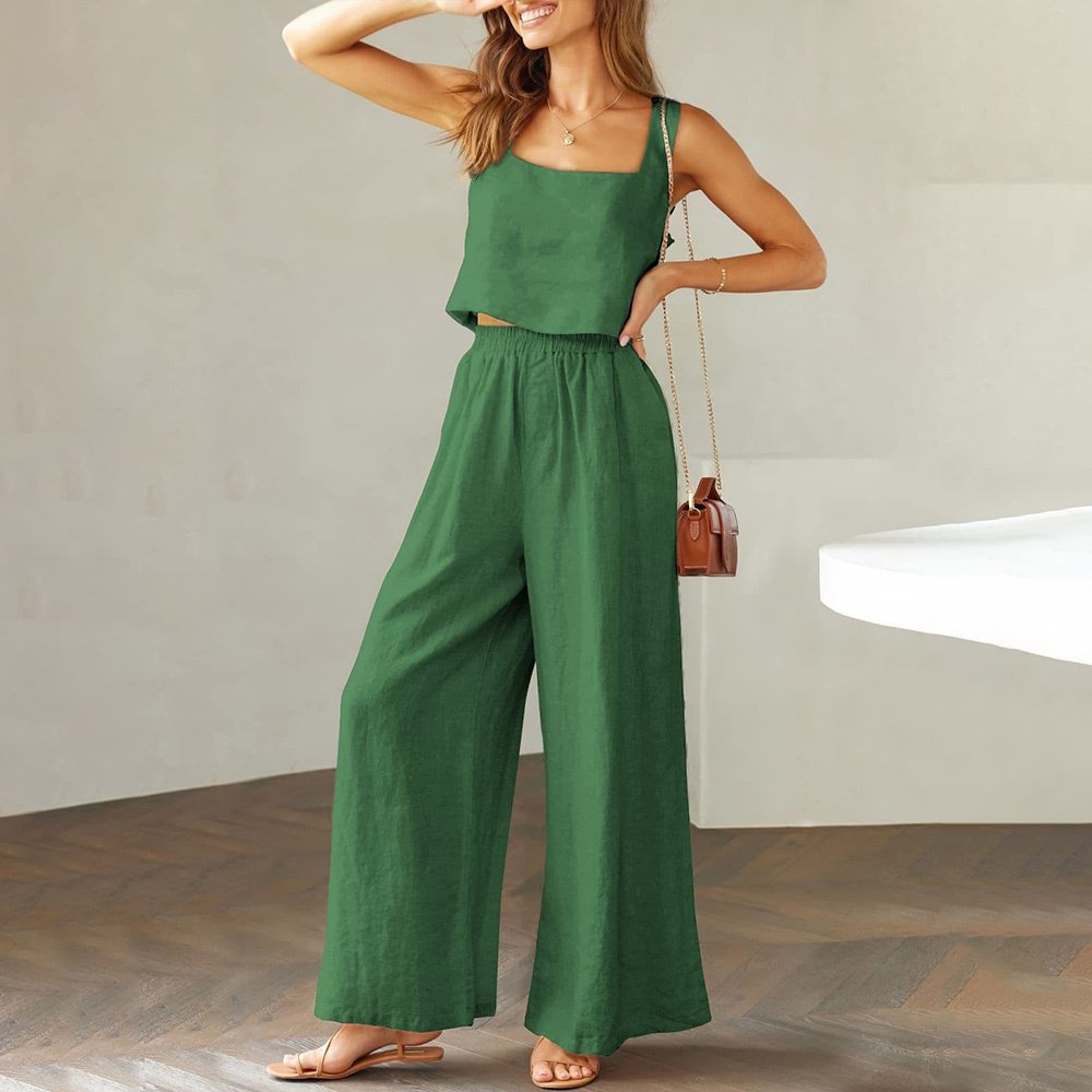 AHLSENTOP Damen-Hose aus reiner Baumwolle, ärmellos, Hosenträger, weites Bein, Sommer-Freizeitanzug