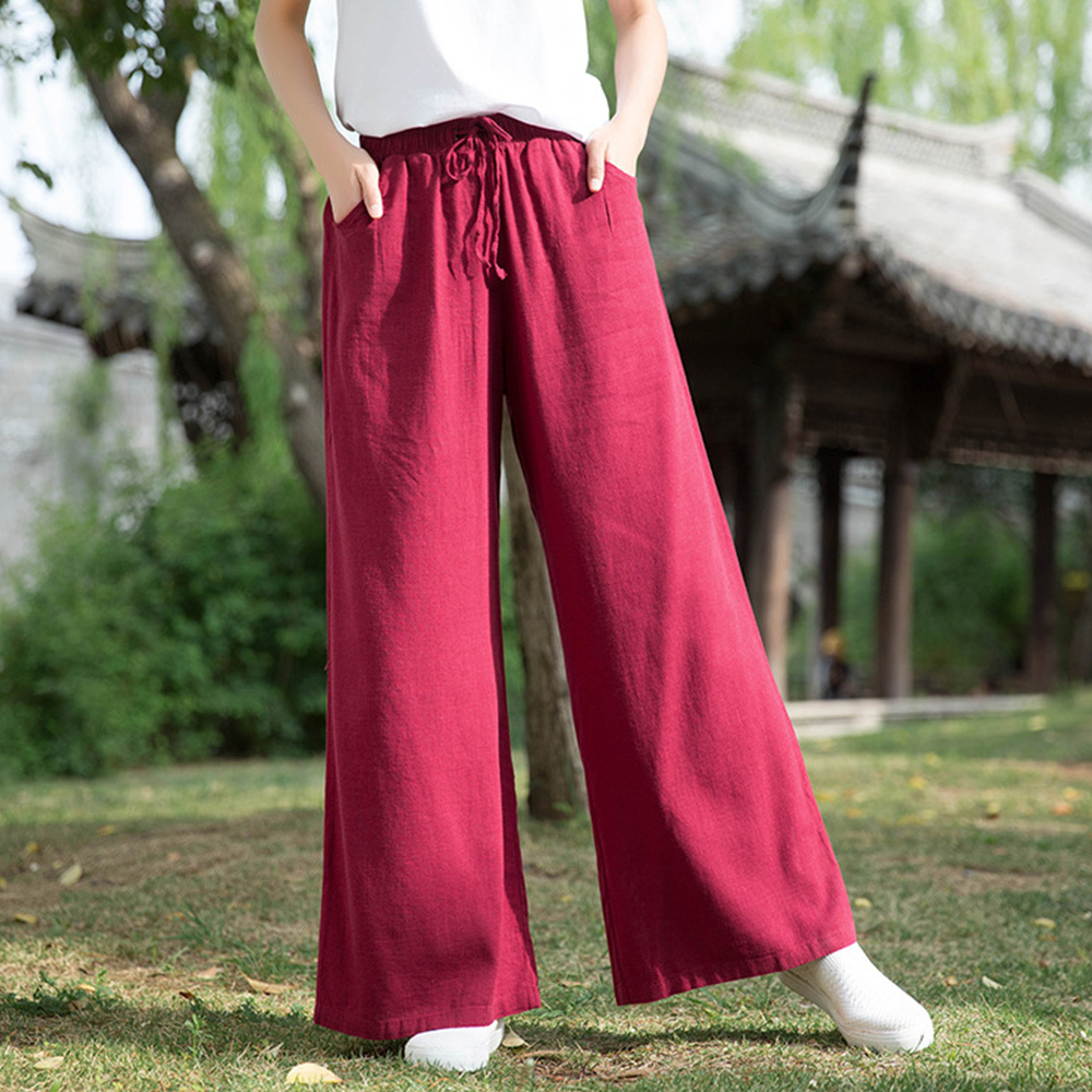 Ahlsentop™ Atmungsaktive Damenhose mit weitem Bein aus Baumwolle und Leinen für Frühling und Sommer mit Kordelzug