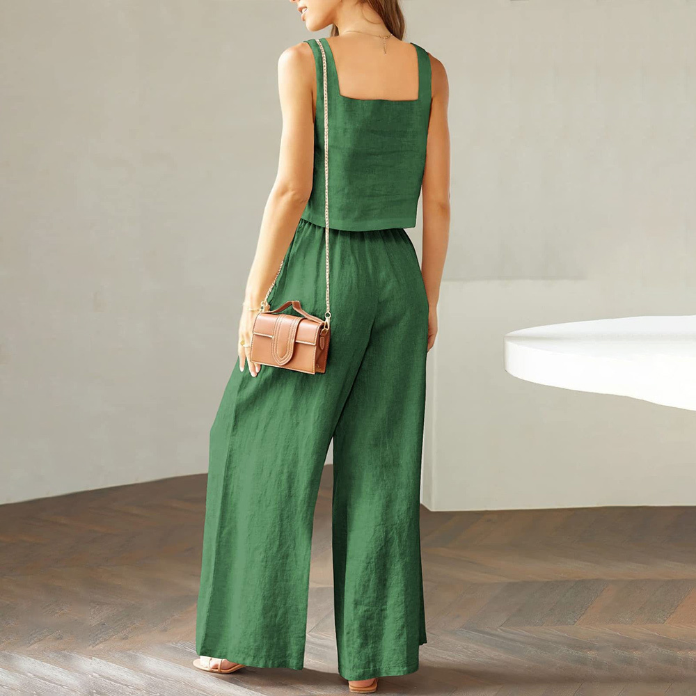 AHLSENTOP Damen-Hose aus reiner Baumwolle, ärmellos, Hosenträger, weites Bein, Sommer-Freizeitanzug