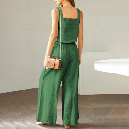 AHLSENTOP Damen-Hose aus reiner Baumwolle, ärmellos, Hosenträger, weites Bein, Sommer-Freizeitanzug
