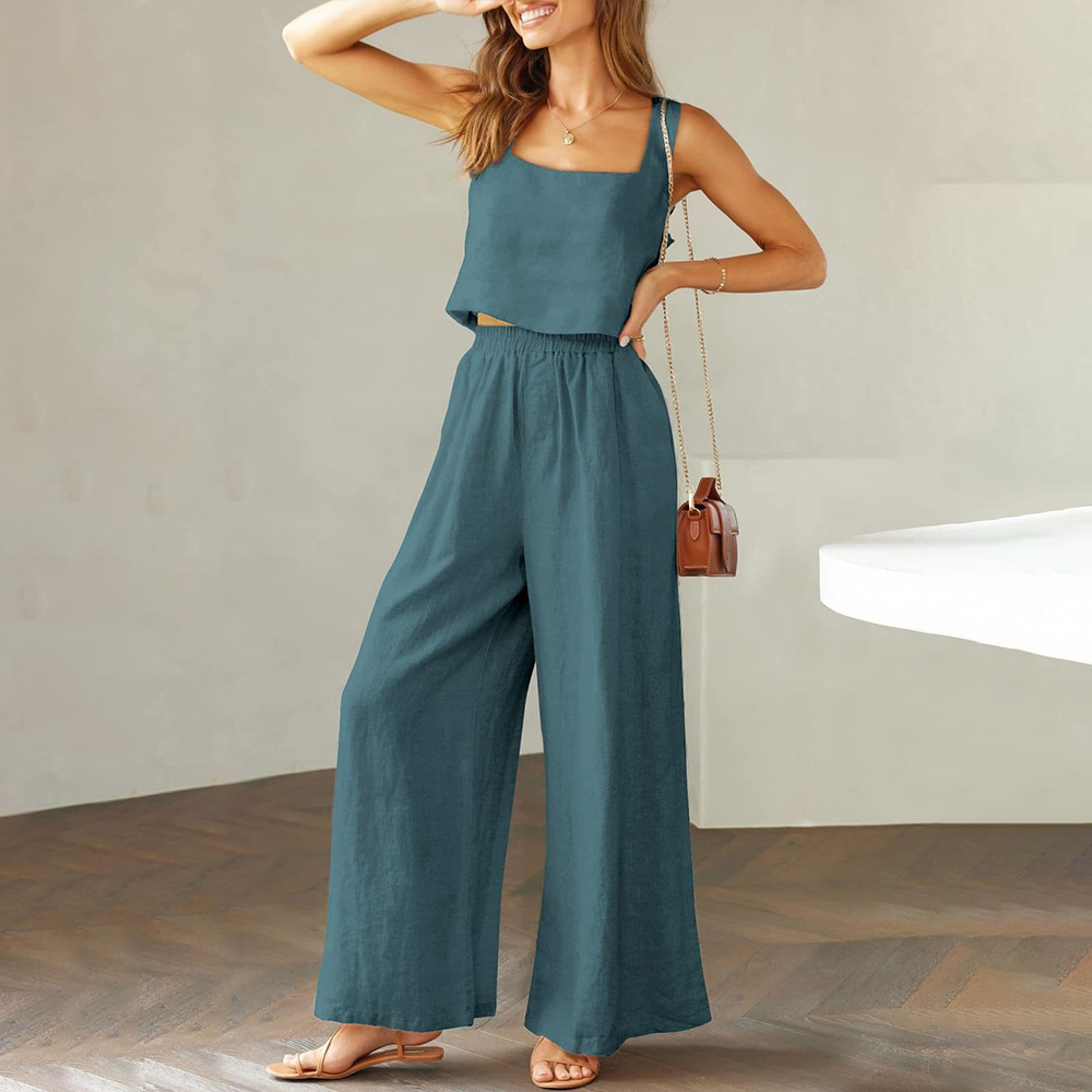 AHLSENTOP Damen-Hose aus reiner Baumwolle, ärmellos, Hosenträger, weites Bein, Sommer-Freizeitanzug