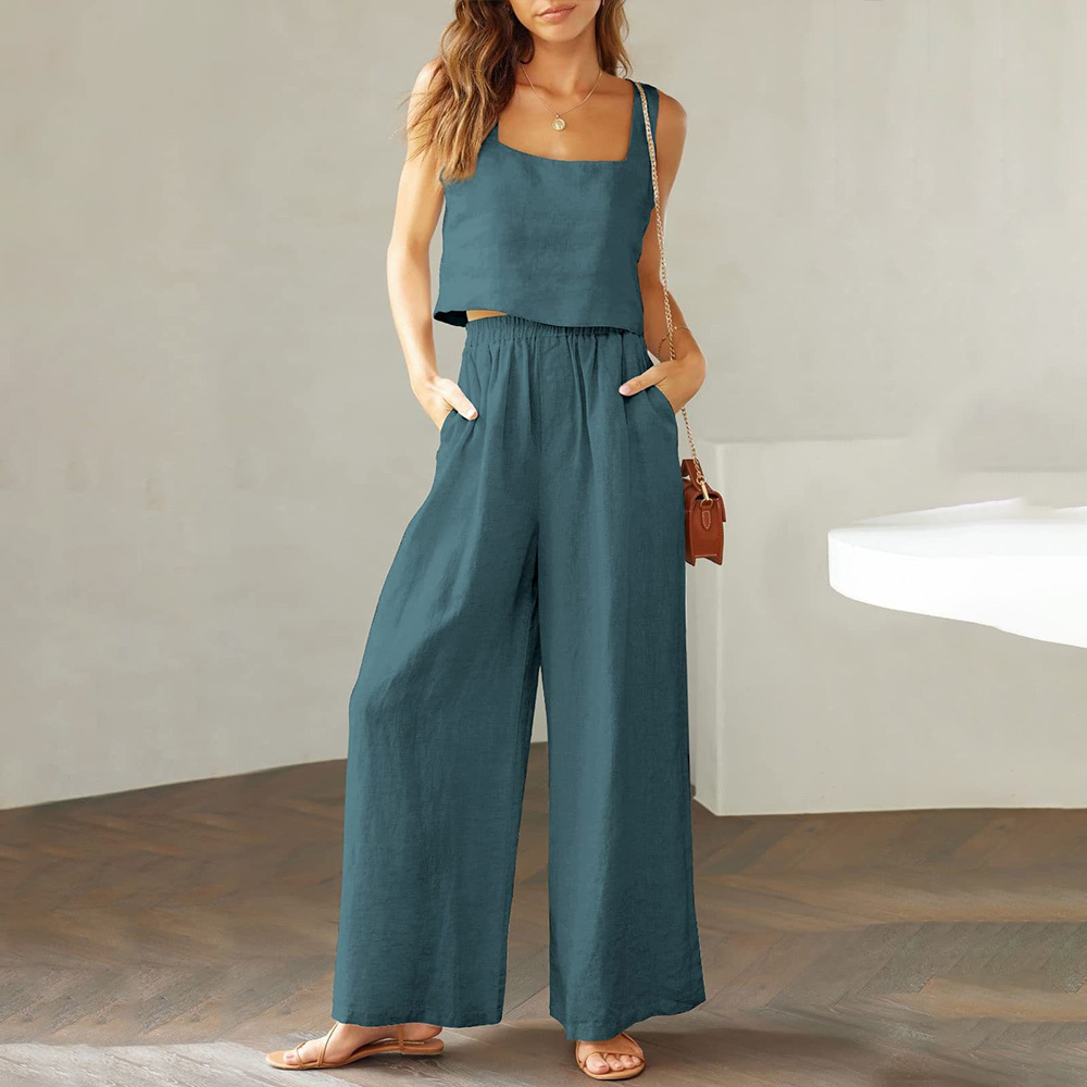 AHLSENTOP Damen-Hose aus reiner Baumwolle, ärmellos, Hosenträger, weites Bein, Sommer-Freizeitanzug