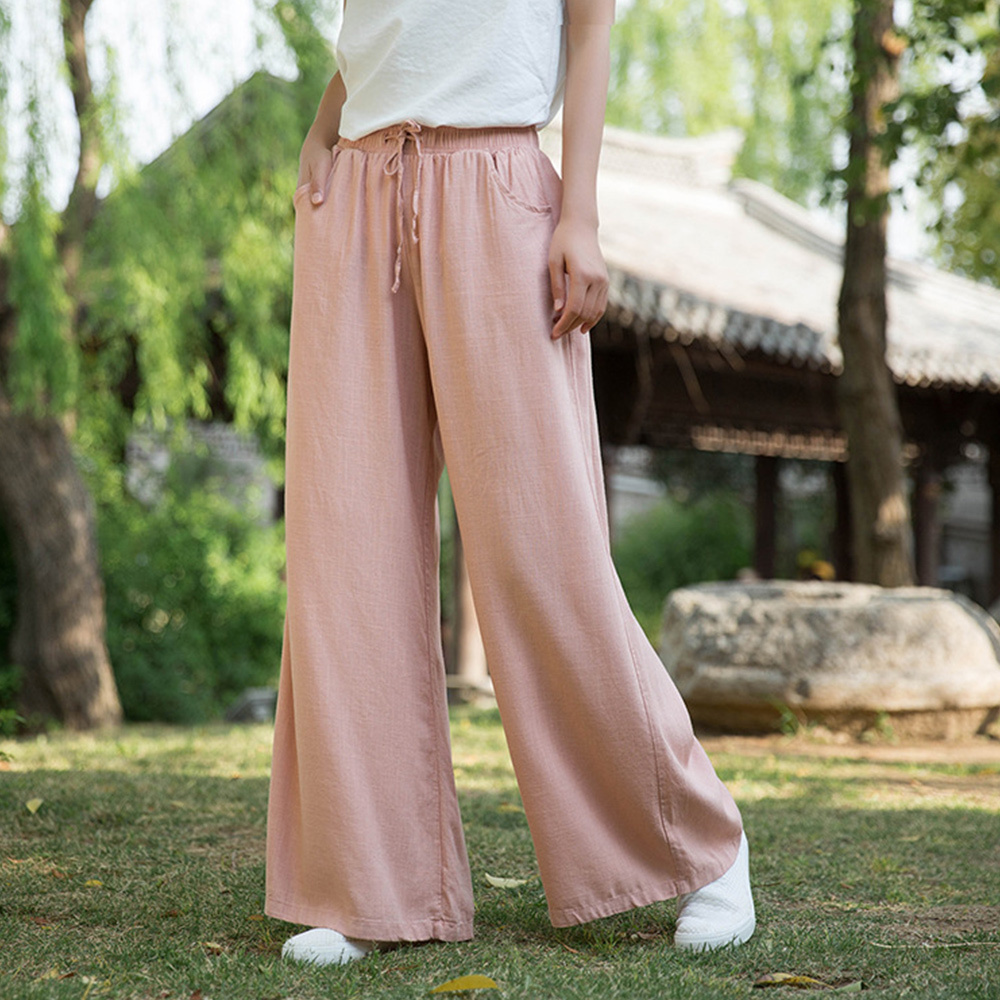 Ahlsentop™ Atmungsaktive Damenhose mit weitem Bein aus Baumwolle und Leinen für Frühling und Sommer mit Kordelzug