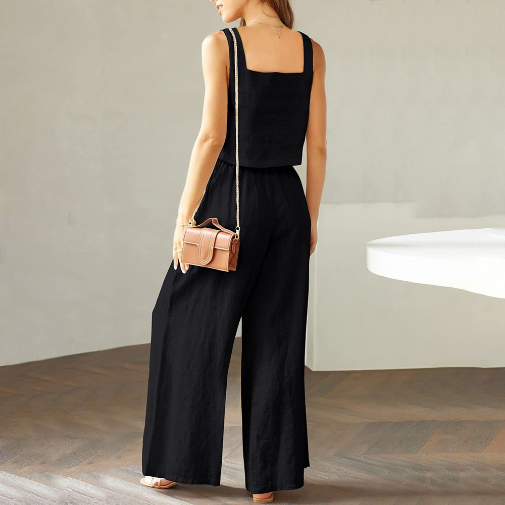 AHLSENTOP Damen-Hose aus reiner Baumwolle, ärmellos, Hosenträger, weites Bein, Sommer-Freizeitanzug