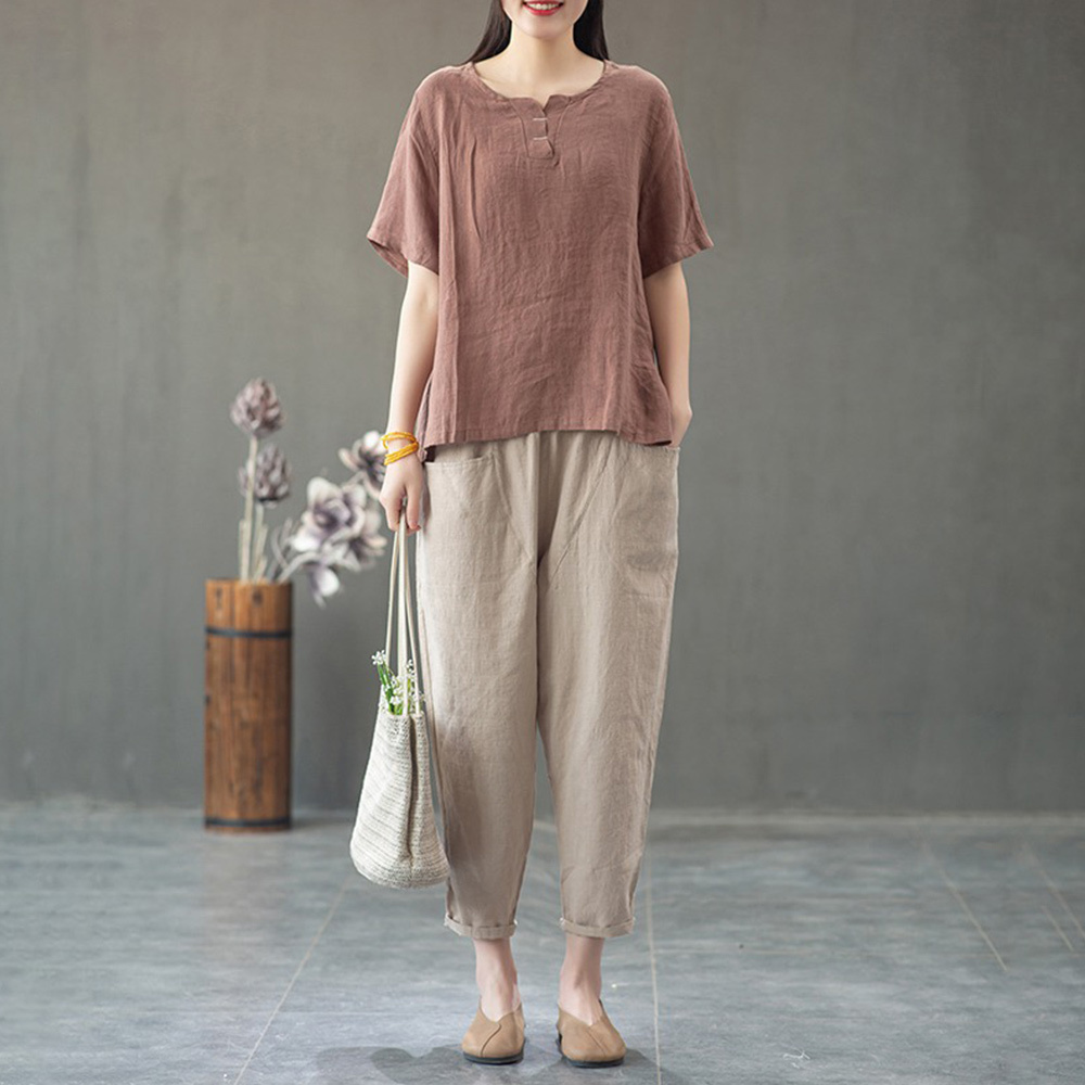 AHLSENTOP Neues Sommer-Zweiteiler-Set für Damen aus Baumwolle und Leinen (kurze Ärmel + Hose)