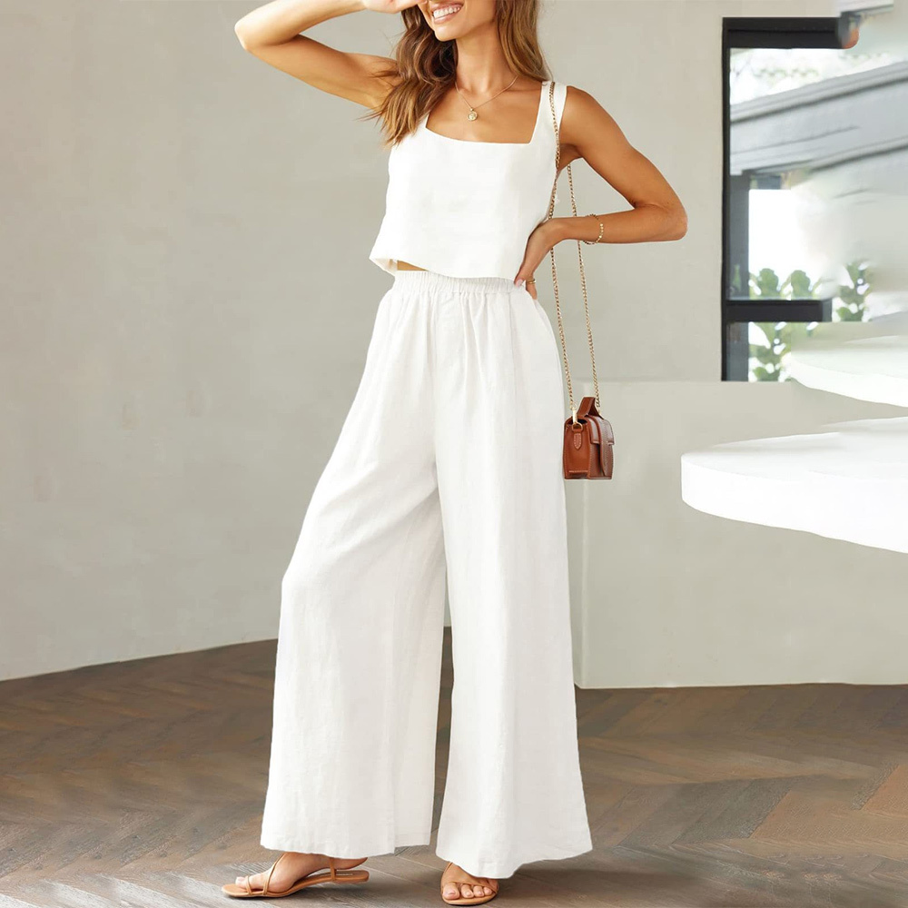 AHLSENTOP Damen-Hose aus reiner Baumwolle, ärmellos, Hosenträger, weites Bein, Sommer-Freizeitanzug