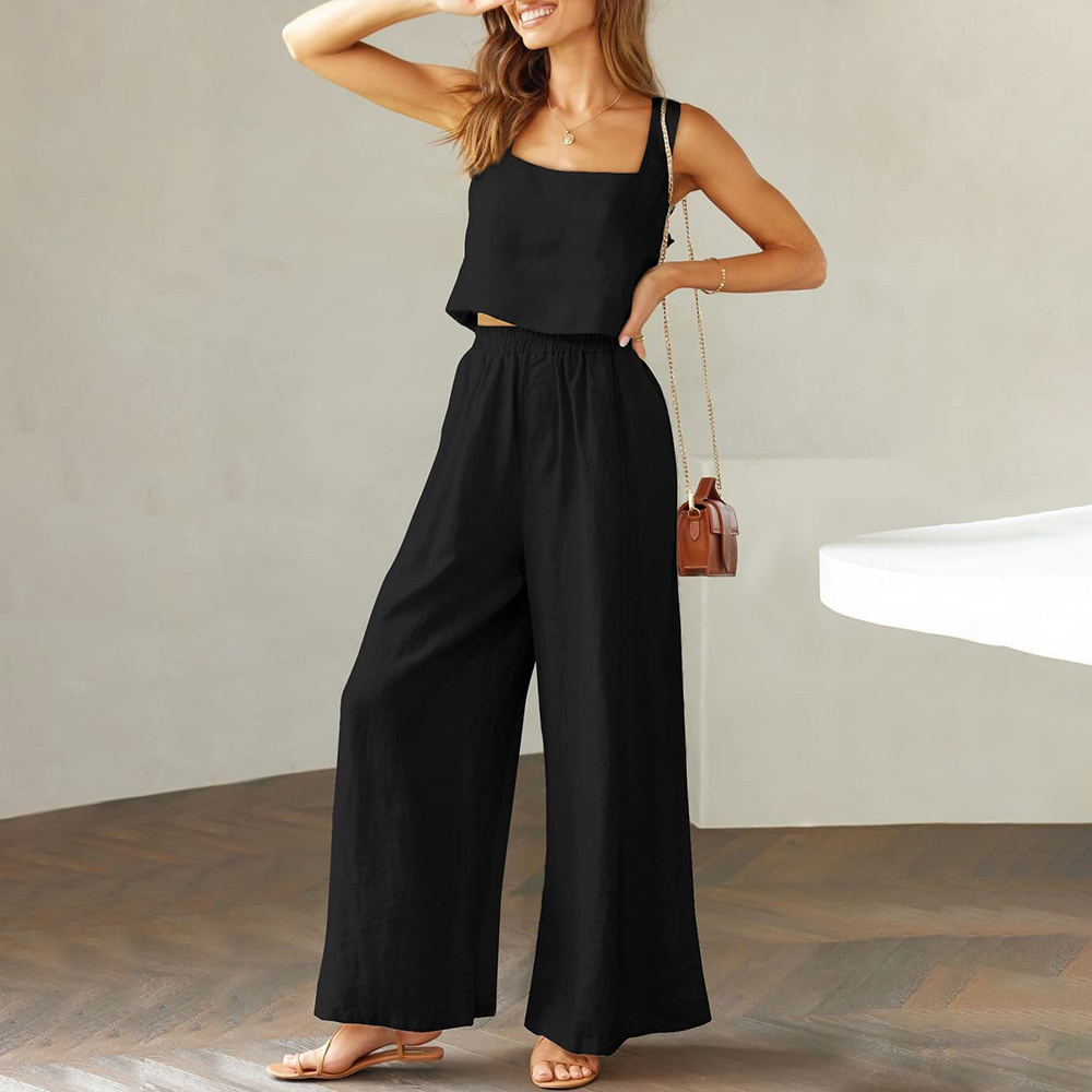AHLSENTOP Damen-Hose aus reiner Baumwolle, ärmellos, Hosenträger, weites Bein, Sommer-Freizeitanzug