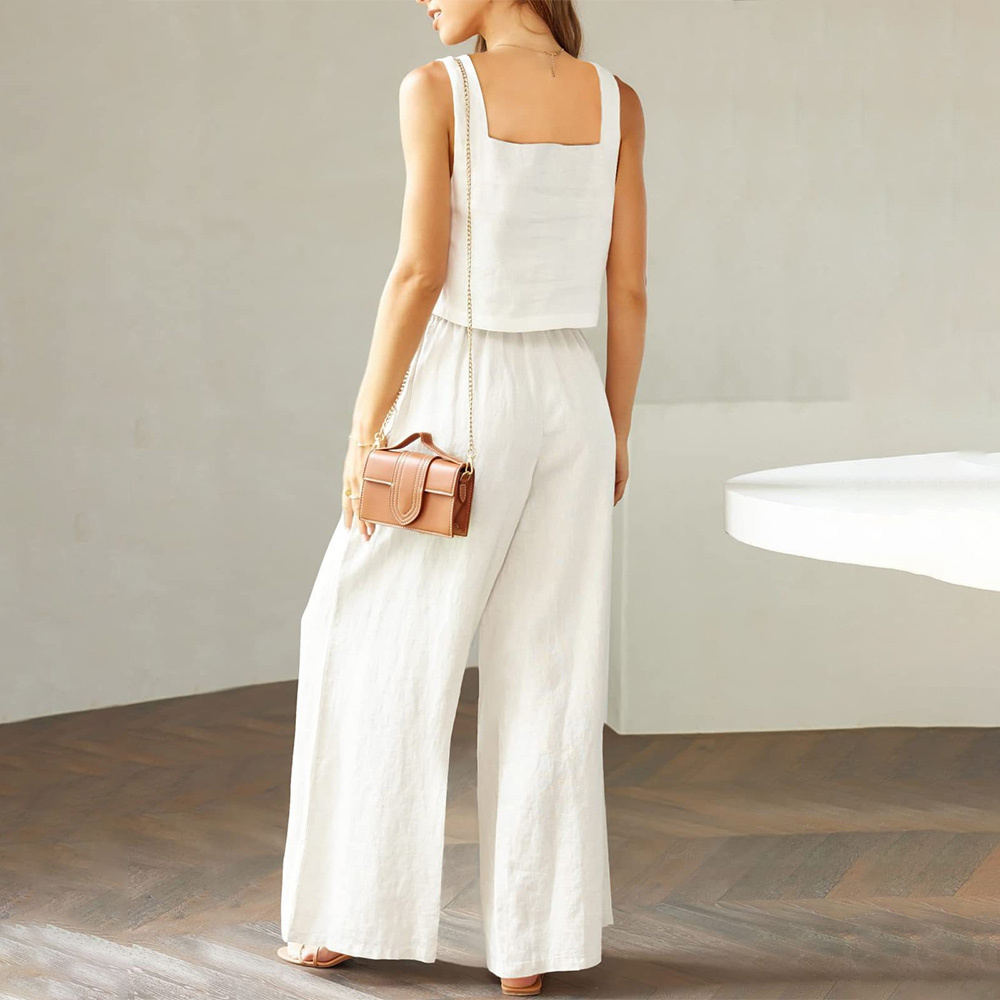 AHLSENTOP Damen-Hose aus reiner Baumwolle, ärmellos, Hosenträger, weites Bein, Sommer-Freizeitanzug