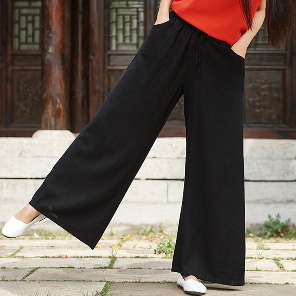 Ahlsentop™ Atmungsaktive Damenhose mit weitem Bein aus Baumwolle und Leinen für Frühling und Sommer mit Kordelzug