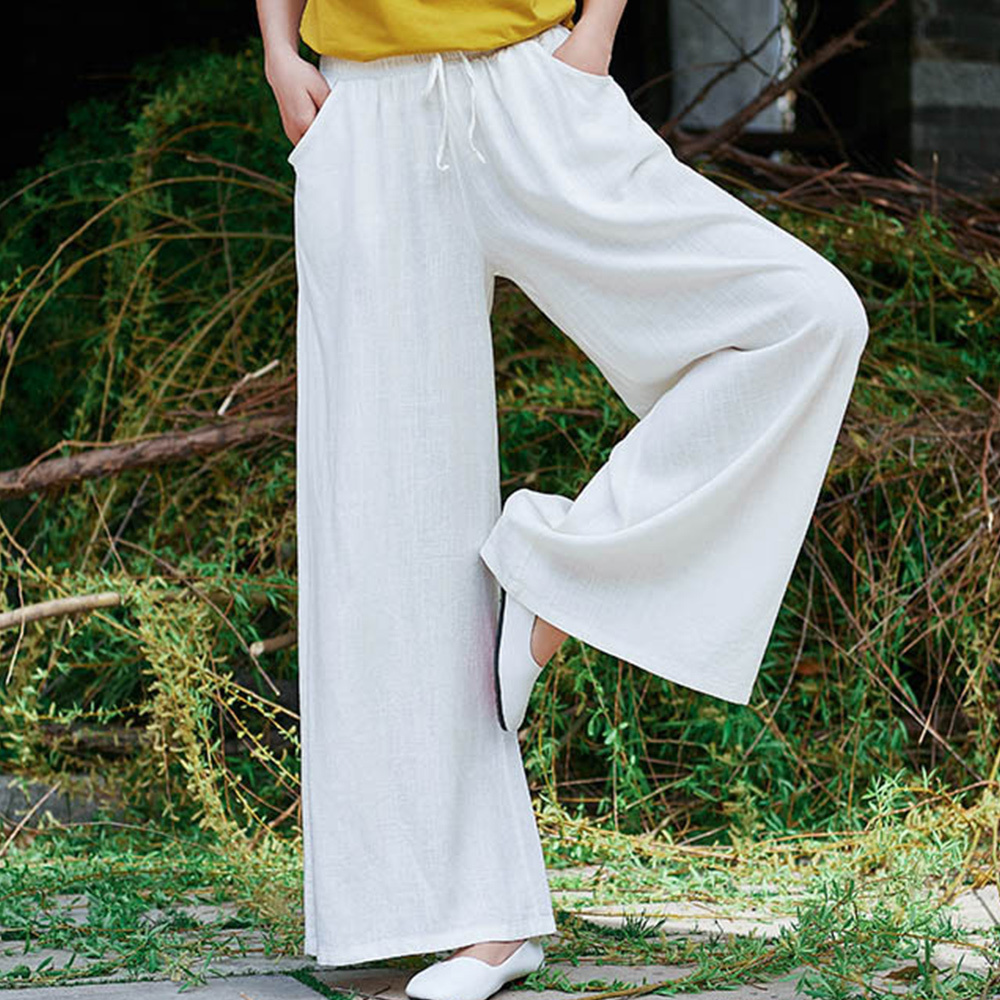 Ahlsentop™ Atmungsaktive Damenhose mit weitem Bein aus Baumwolle und Leinen für Frühling und Sommer mit Kordelzug