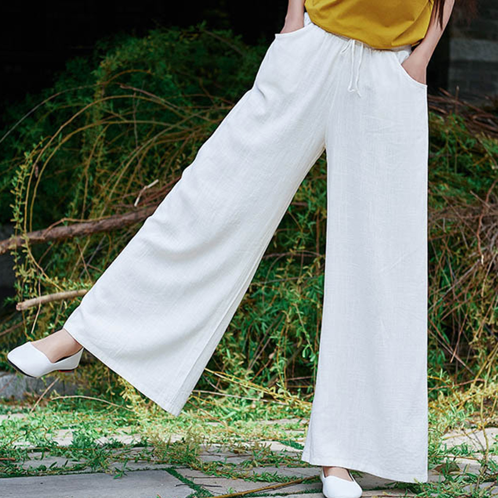 Ahlsentop™ Atmungsaktive Damenhose mit weitem Bein aus Baumwolle und Leinen für Frühling und Sommer mit Kordelzug