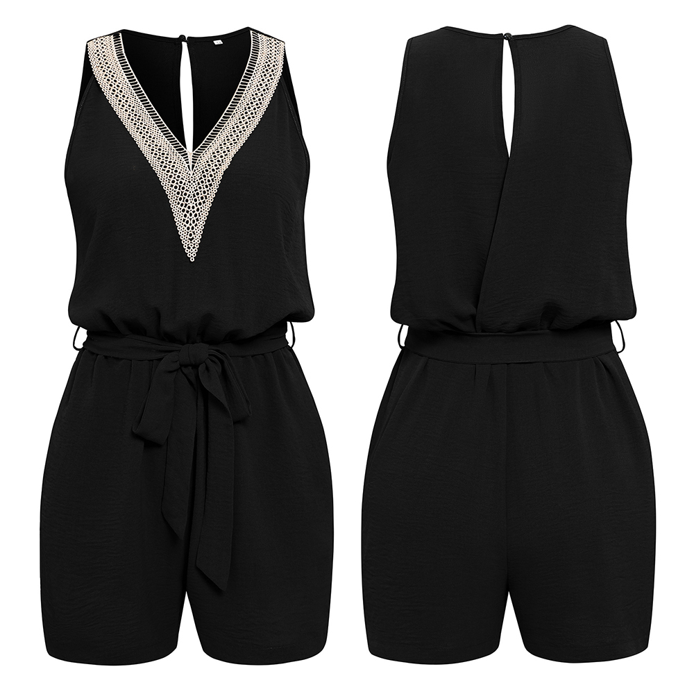 AHLSENTOP™ Lässiger, ärmelloser Damen-Overall mit V-Ausschnitt und Spitze im neuen Stil