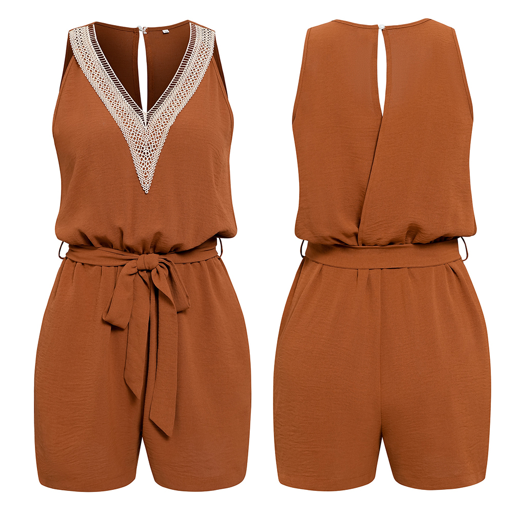 AHLSENTOP™ Lässiger, ärmelloser Damen-Overall mit V-Ausschnitt und Spitze im neuen Stil