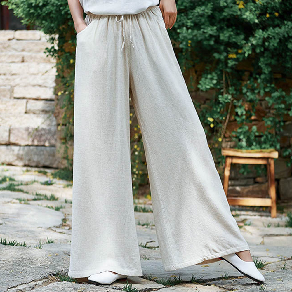 Ahlsentop™ Atmungsaktive Damenhose mit weitem Bein aus Baumwolle und Leinen für Frühling und Sommer mit Kordelzug