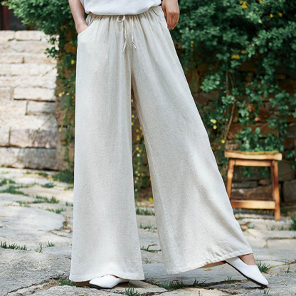 Ahlsentop™ Atmungsaktive Damenhose mit weitem Bein aus Baumwolle und Leinen für Frühling und Sommer mit Kordelzug