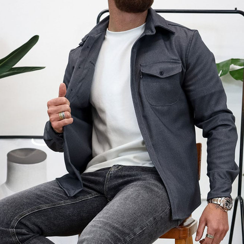 Ahlsentop Lässige Herren-Hemdjacke mit Knopf und Revers