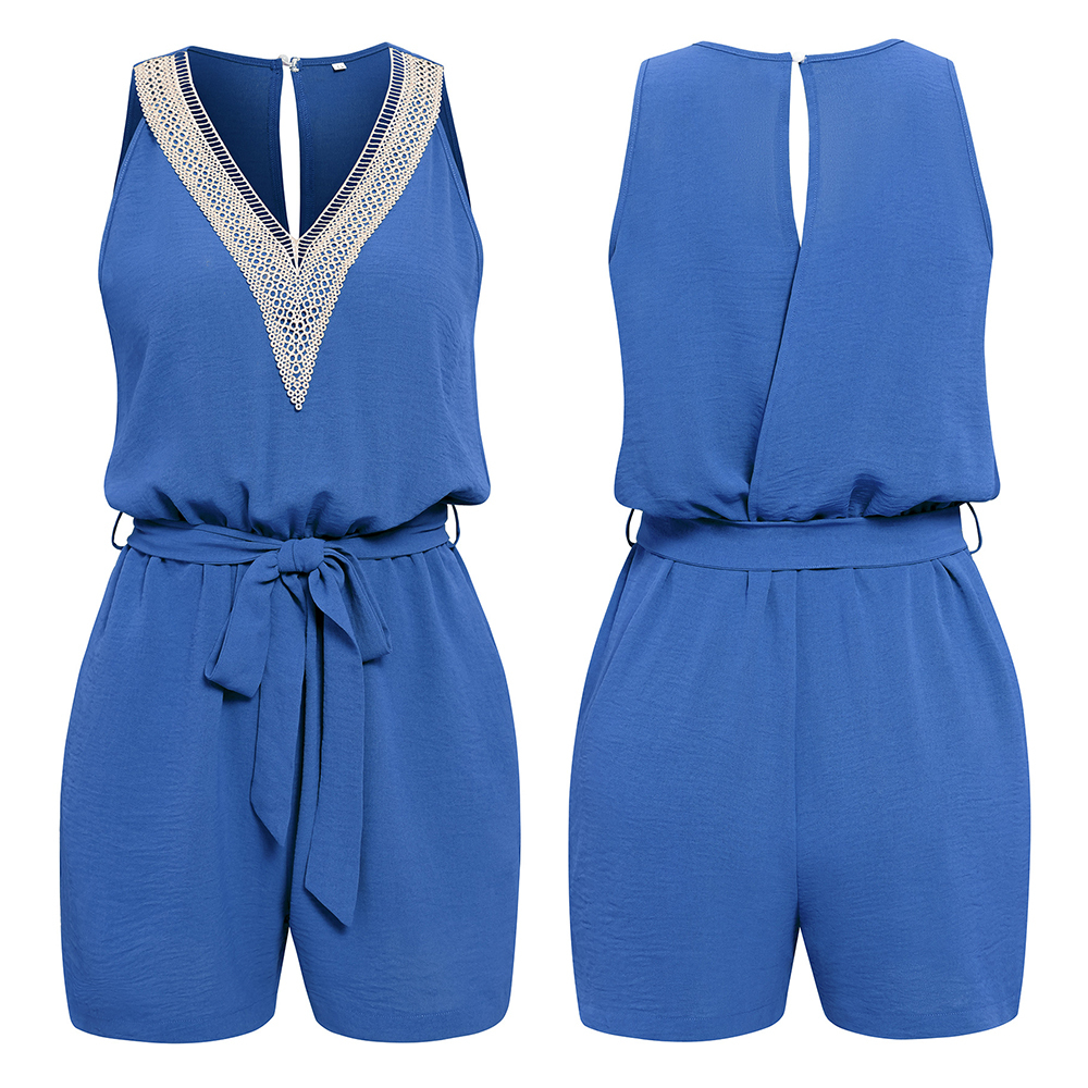AHLSENTOP™ Lässiger, ärmelloser Damen-Overall mit V-Ausschnitt und Spitze im neuen Stil