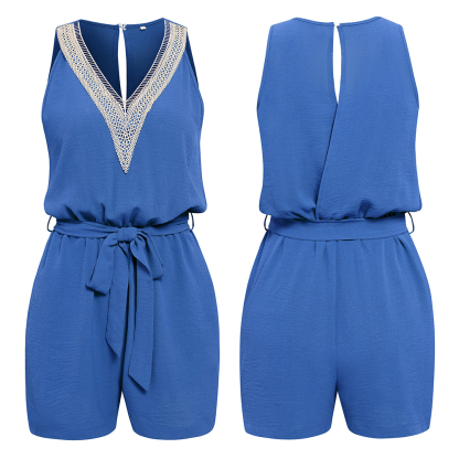 AHLSENTOP™ Lässiger, ärmelloser Damen-Overall mit V-Ausschnitt und Spitze im neuen Stil