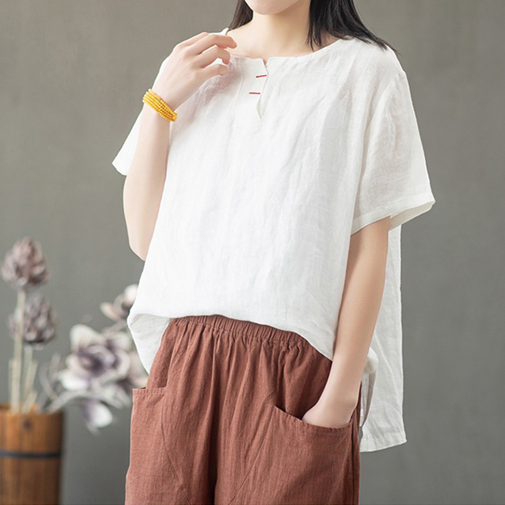 AHLSENTOP Neues Sommer-Zweiteiler-Set für Damen aus Baumwolle und Leinen (kurze Ärmel + Hose)