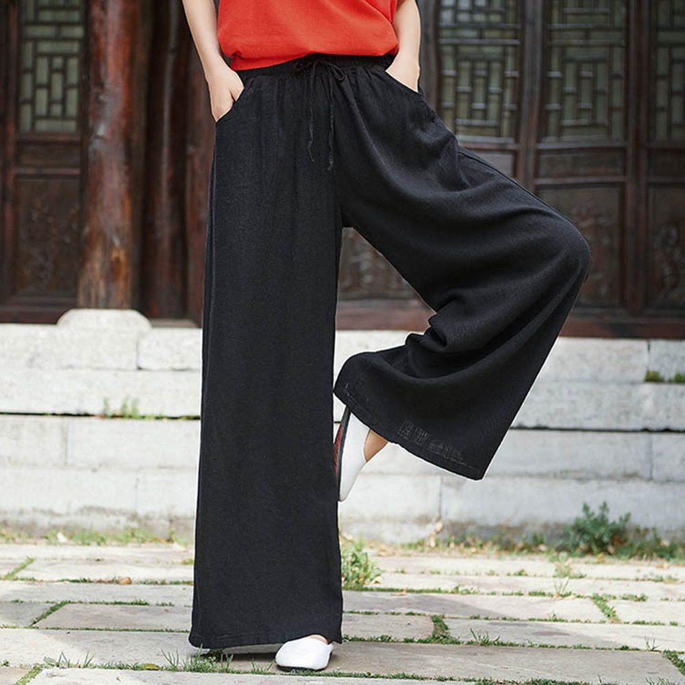 Ahlsentop™ Atmungsaktive Damenhose mit weitem Bein aus Baumwolle und Leinen für Frühling und Sommer mit Kordelzug
