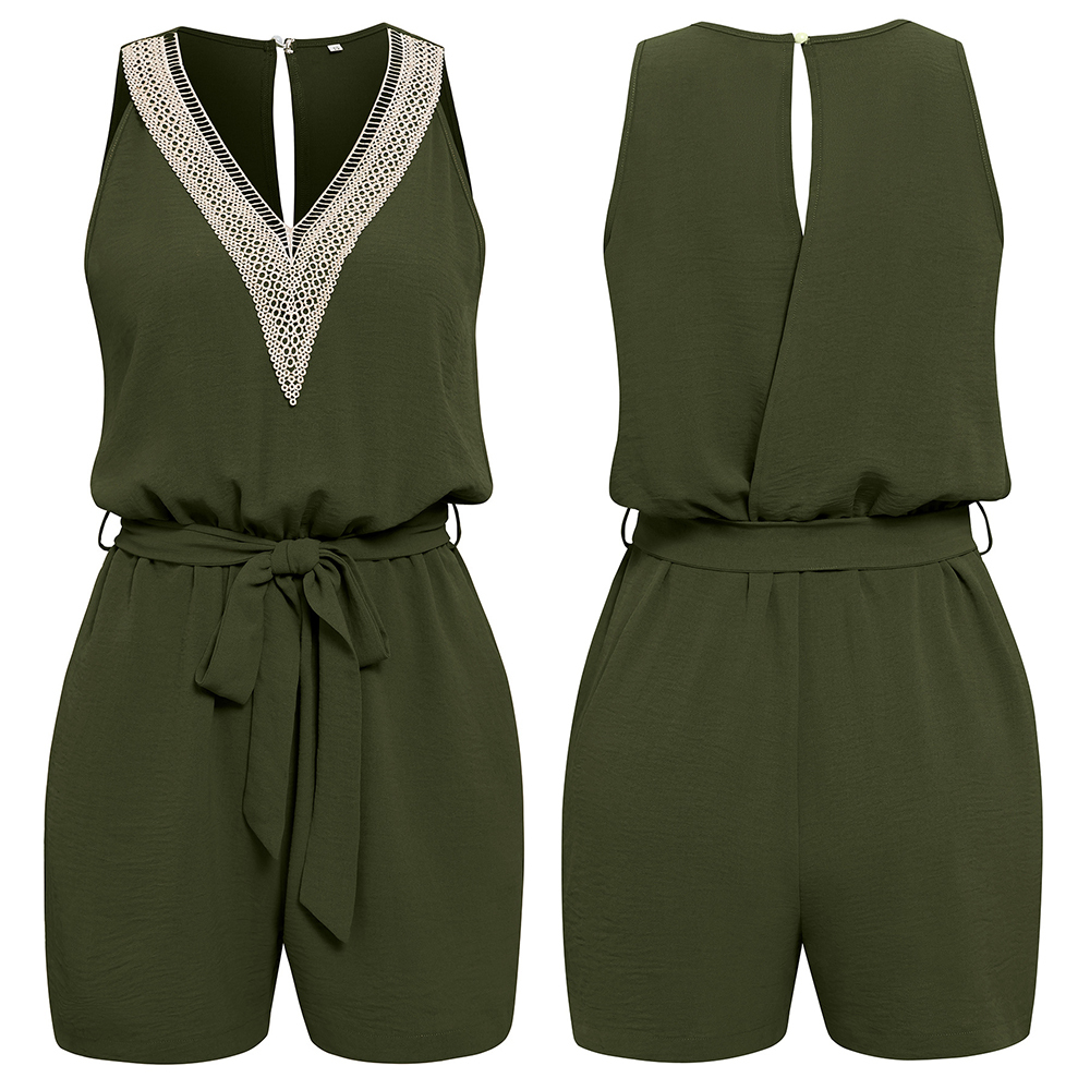 AHLSENTOP™ Lässiger, ärmelloser Damen-Overall mit V-Ausschnitt und Spitze im neuen Stil