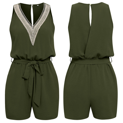 AHLSENTOP™ Lässiger, ärmelloser Damen-Overall mit V-Ausschnitt und Spitze im neuen Stil