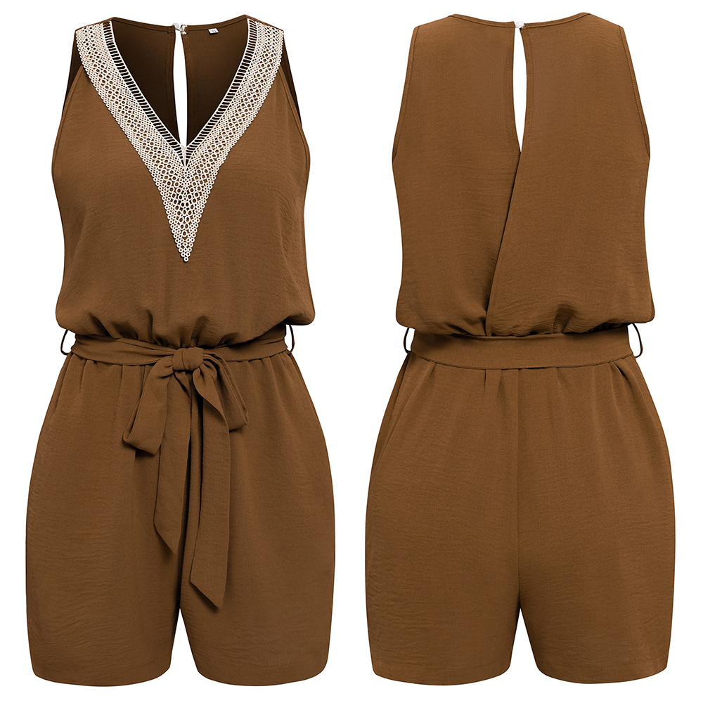 AHLSENTOP™ Lässiger, ärmelloser Damen-Overall mit V-Ausschnitt und Spitze im neuen Stil