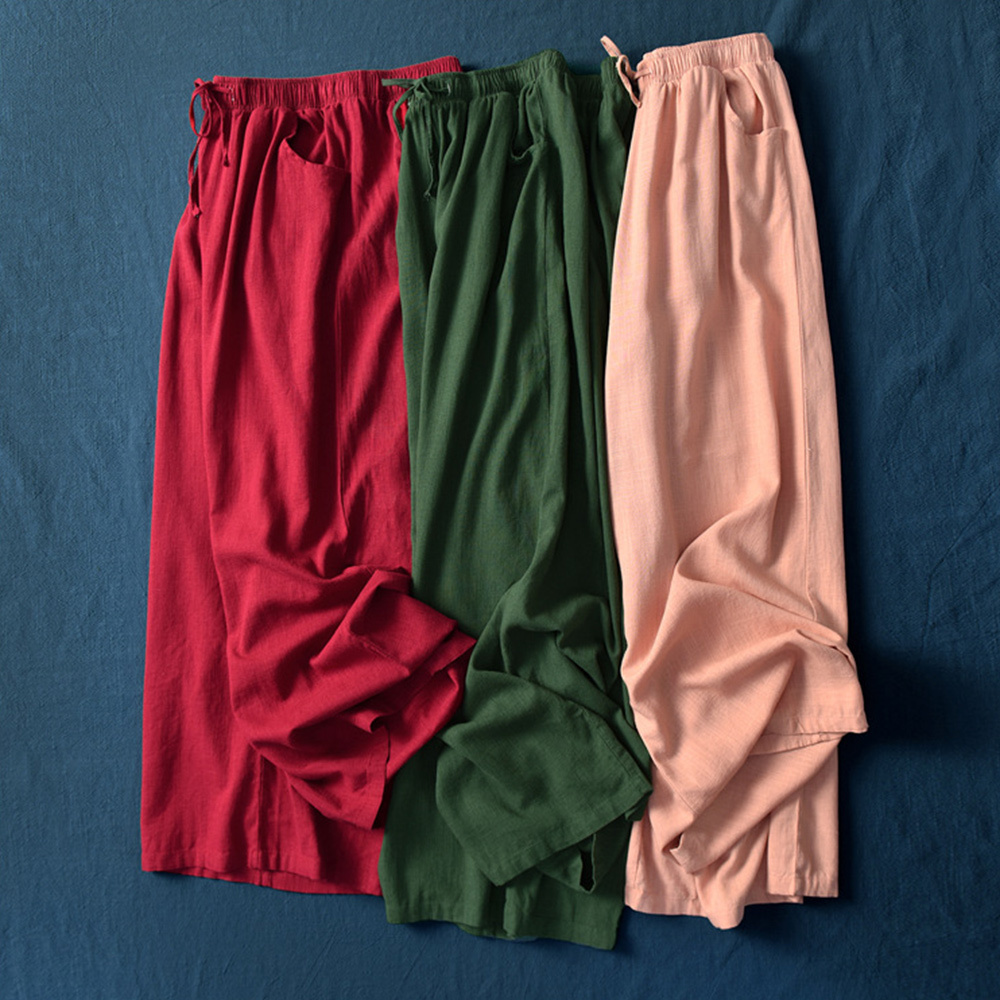 Ahlsentop™ Atmungsaktive Damenhose mit weitem Bein aus Baumwolle und Leinen für Frühling und Sommer mit Kordelzug