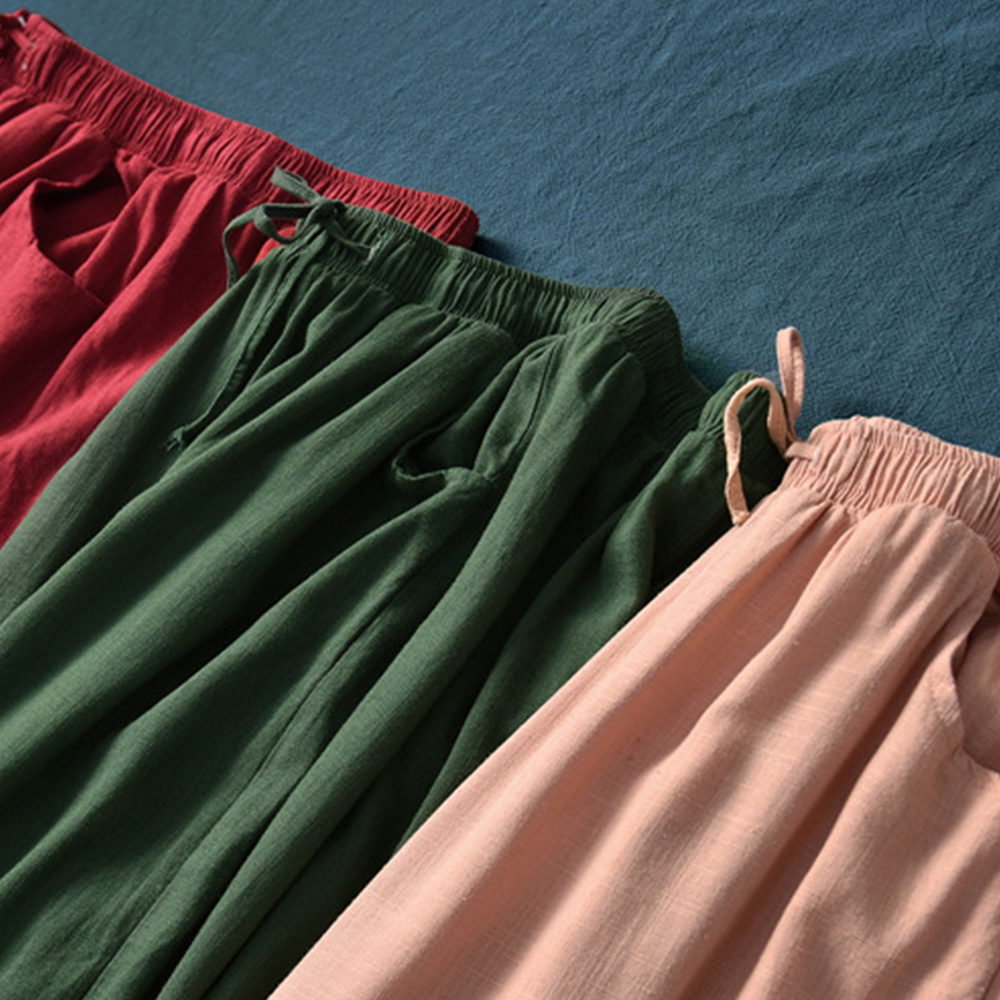 Ahlsentop™ Atmungsaktive Damenhose mit weitem Bein aus Baumwolle und Leinen für Frühling und Sommer mit Kordelzug