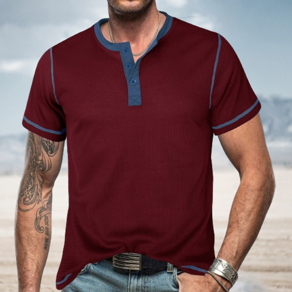 Ahlsentop™ Sommer-Männer-Farbblock-Waffel-Retro-Kurzarmshirt