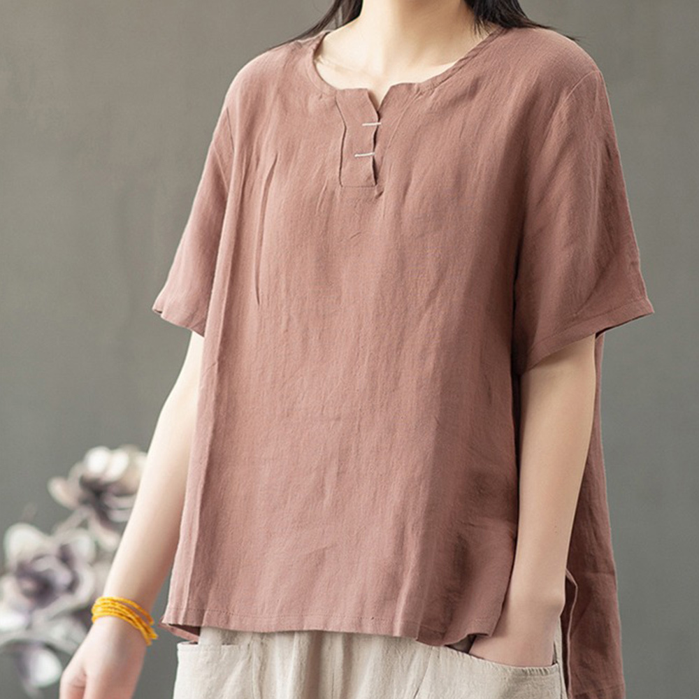 AHLSENTOP Neues Sommer-Zweiteiler-Set für Damen aus Baumwolle und Leinen (kurze Ärmel + Hose)